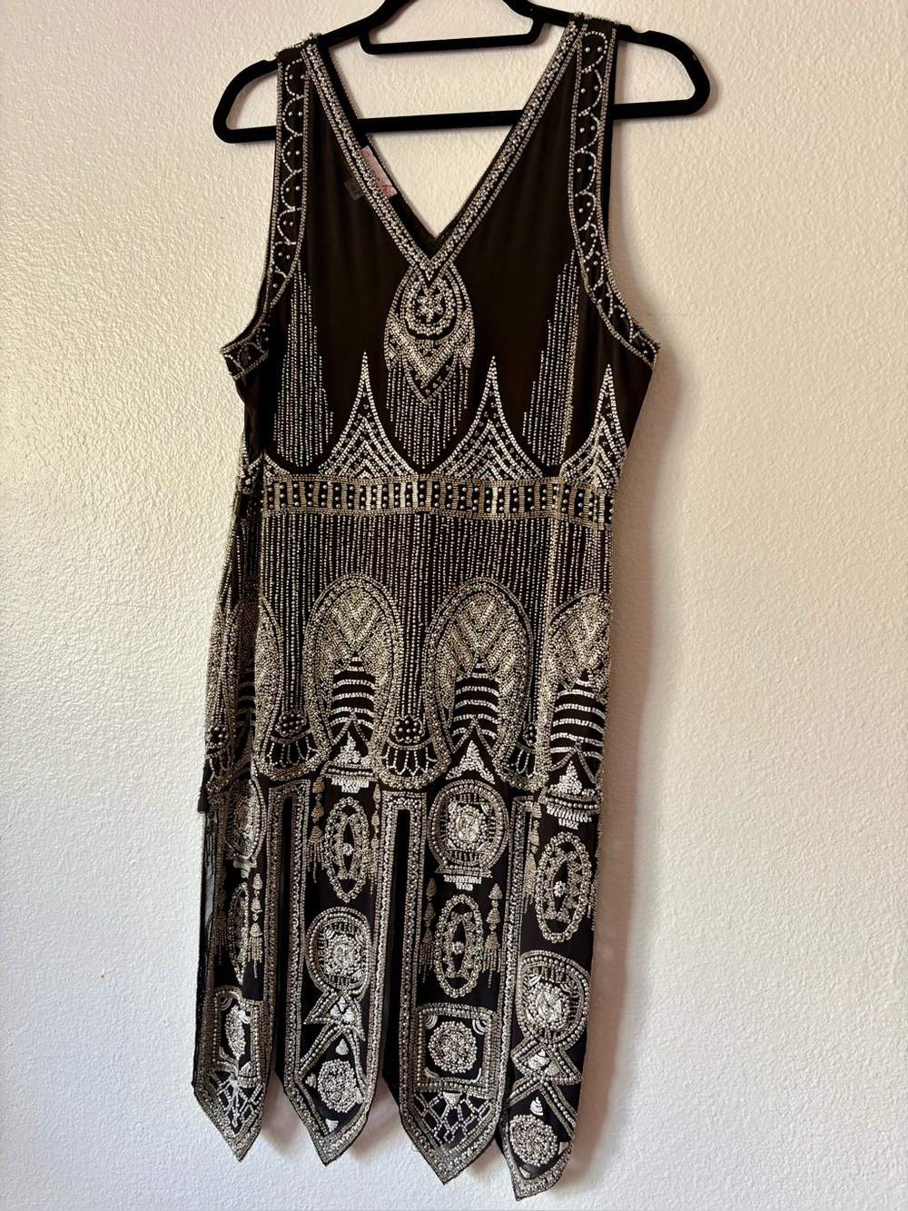 Unique Vintage Black Beaded Art Deco Midi Dress gatsby gladiator 1920s style